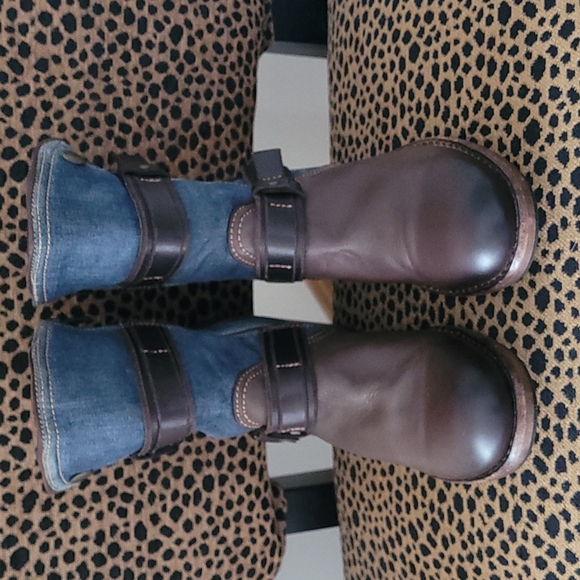 Taos "TOMBAT" brown distressed leather with jean material boots.  Size 10 / 10.5 - Picture 5 of 10